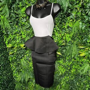 Women Skirt Medium Black Midi Peplum Stretch Fitted Ruffle Fits Small AOMEI 1284